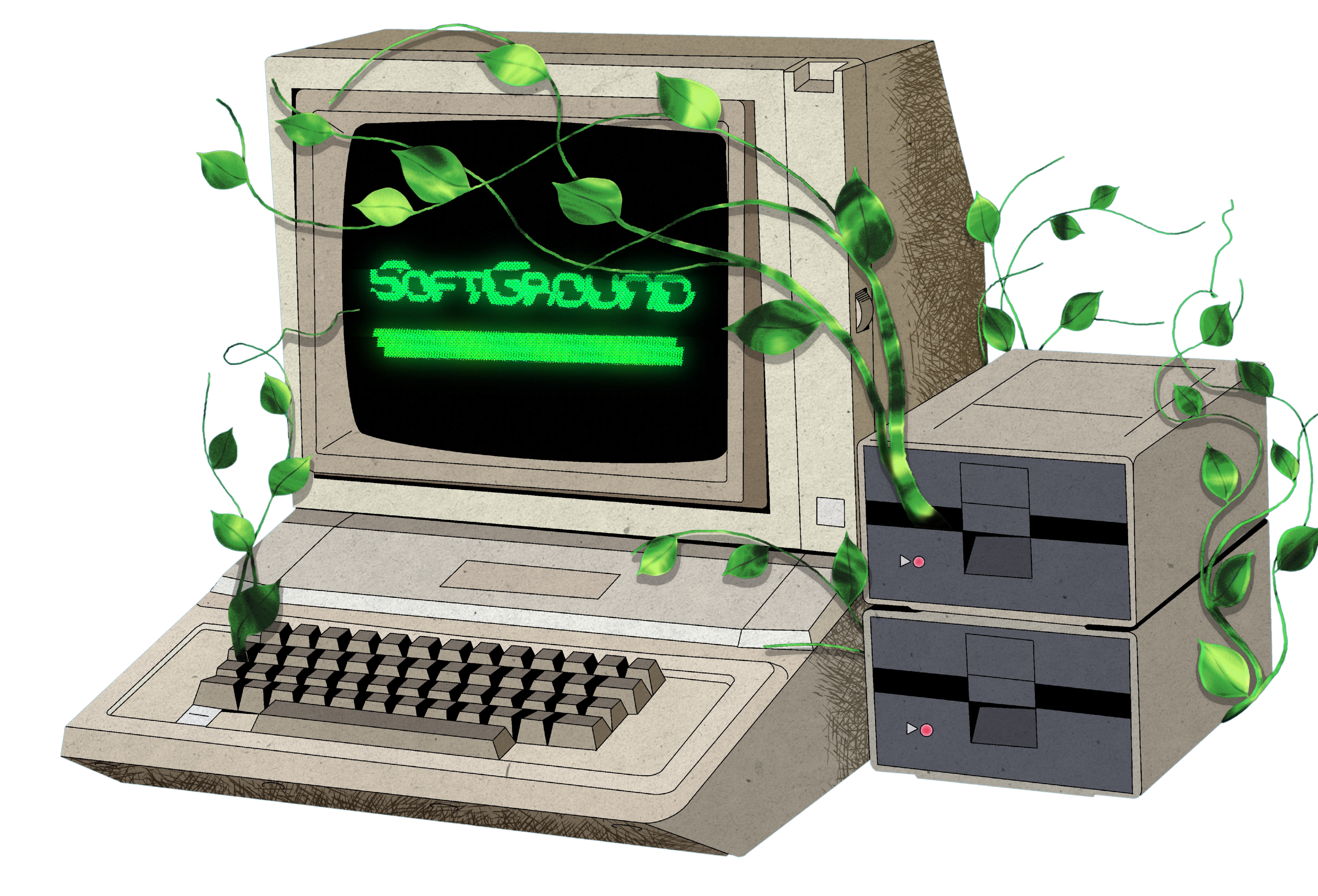 Retro computer with SoftGround on screen, intertwined with growing vines — representing the fusion of technology and organic community growth